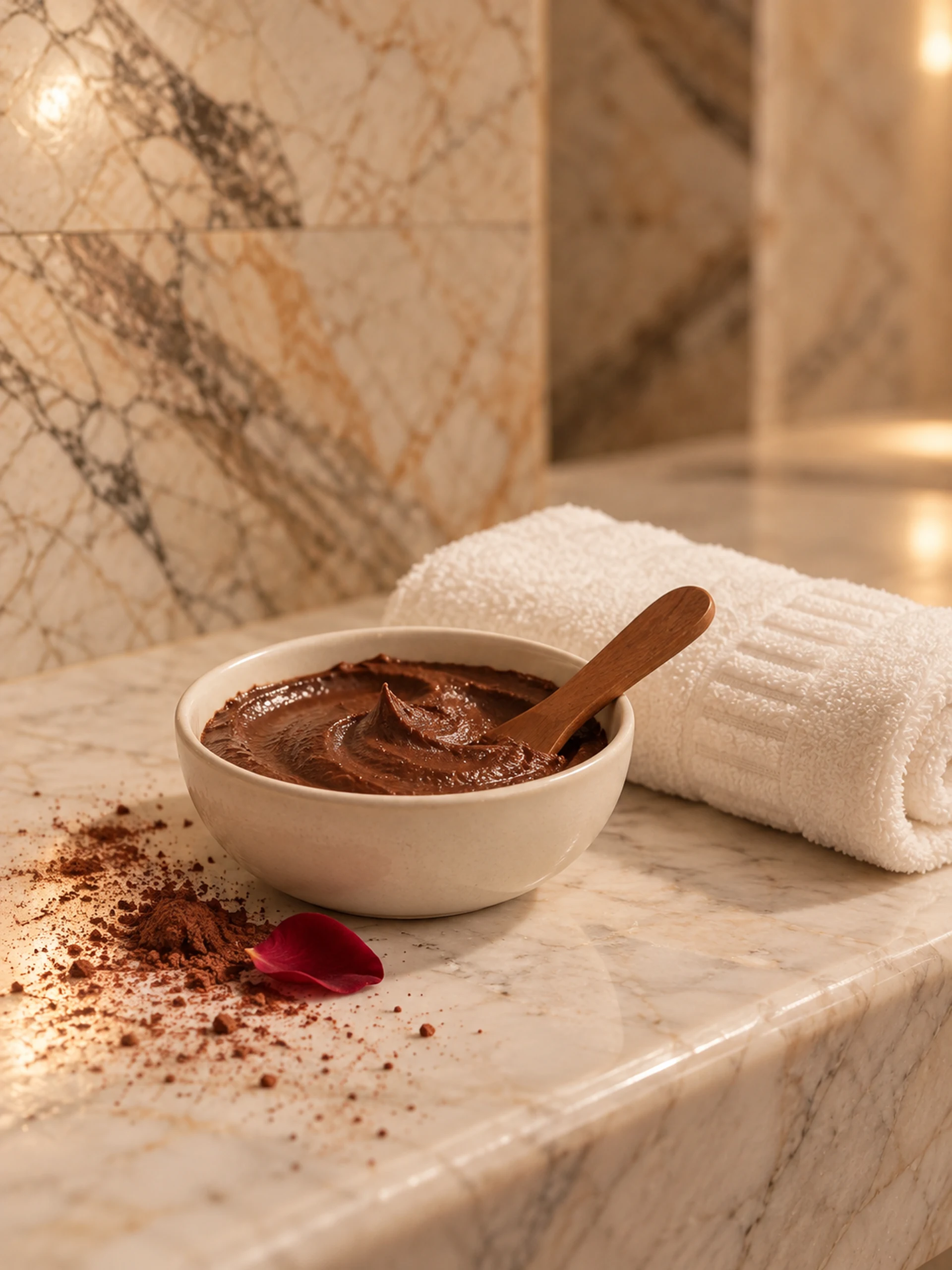 Chocolate preparation, a wooden spatula and ivory linen