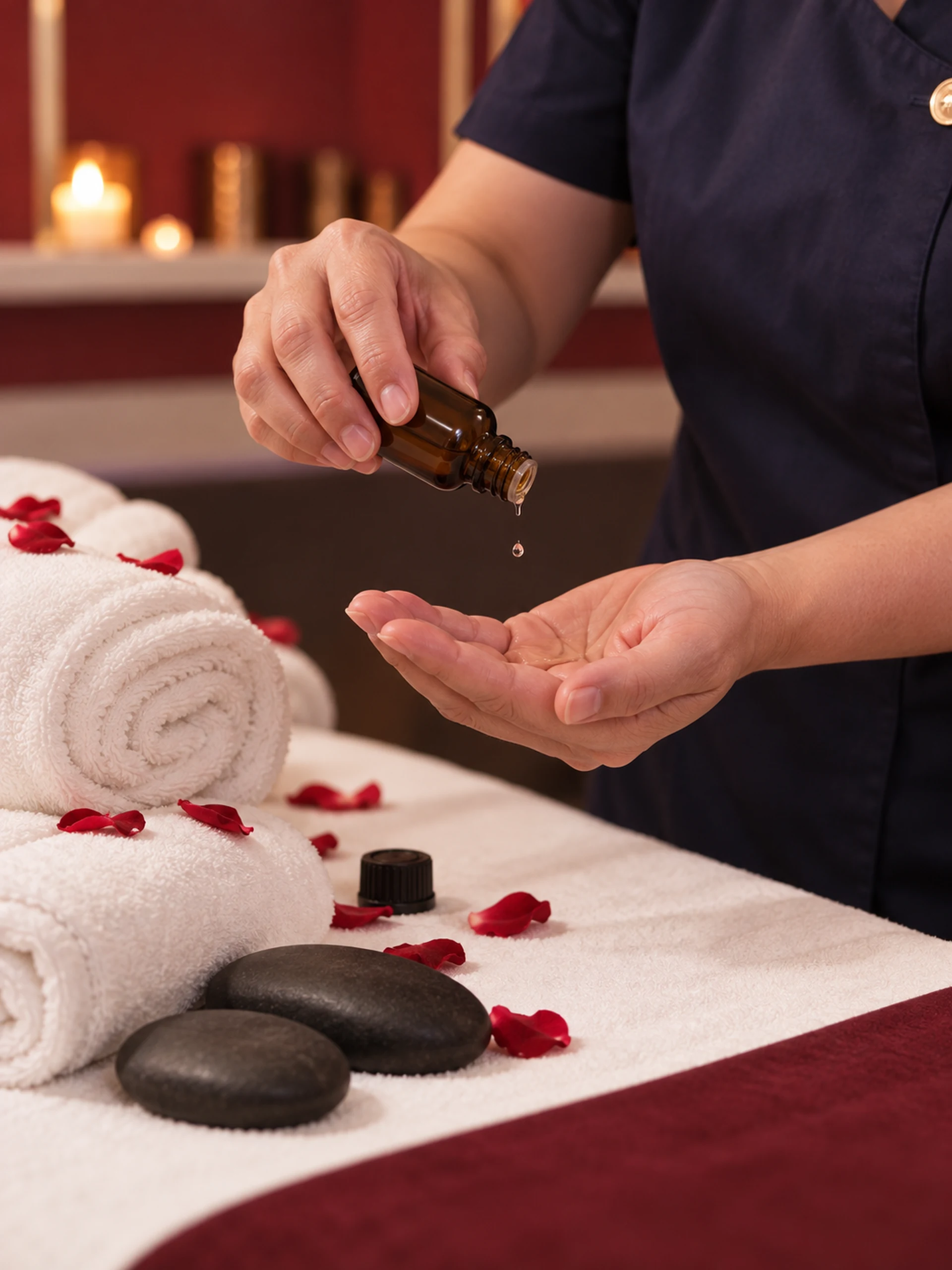 Préparation d’une huile de massage au-dessus du linge ivoire