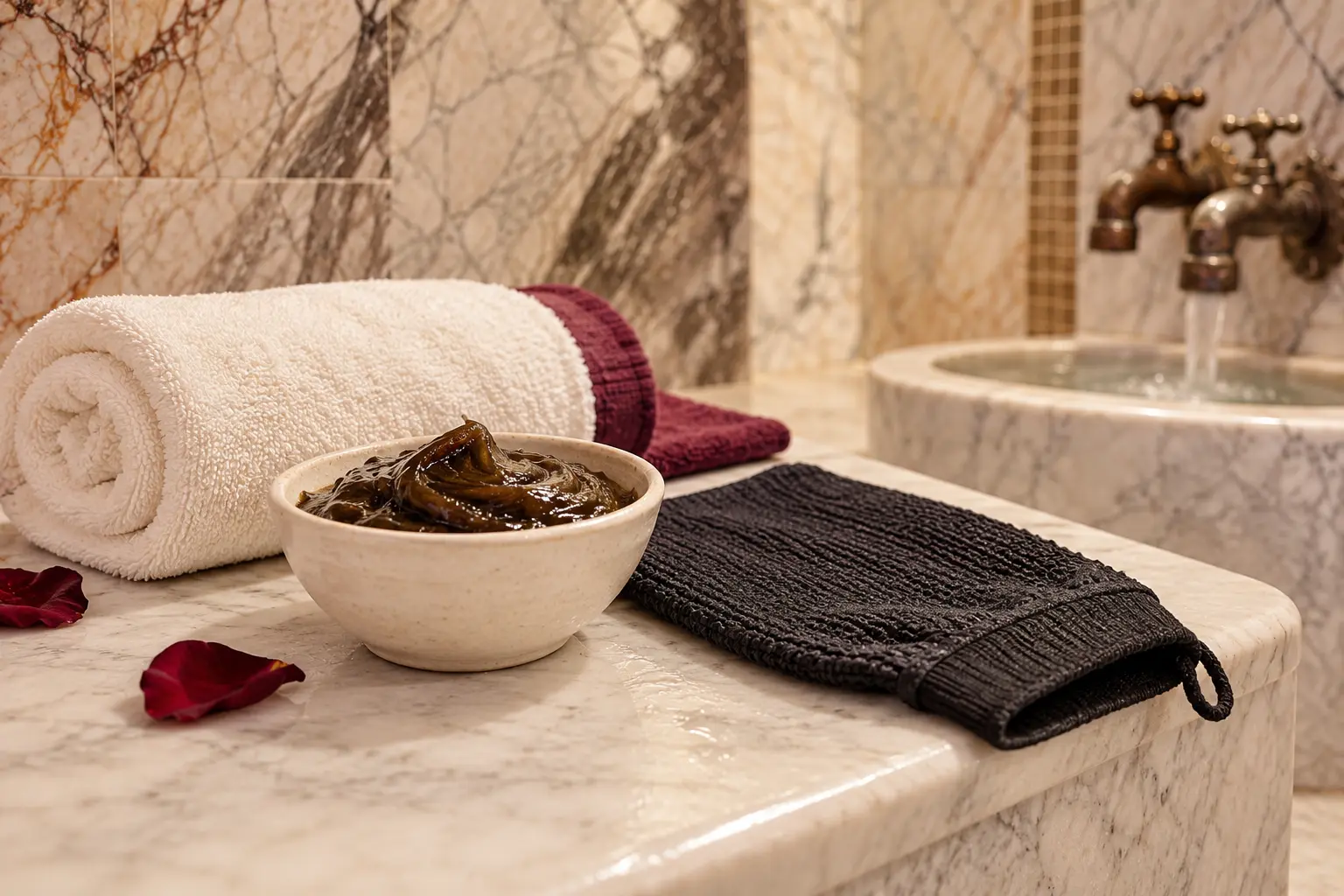 Savon noir, gant de gommage et linge dans le hammam en marbre