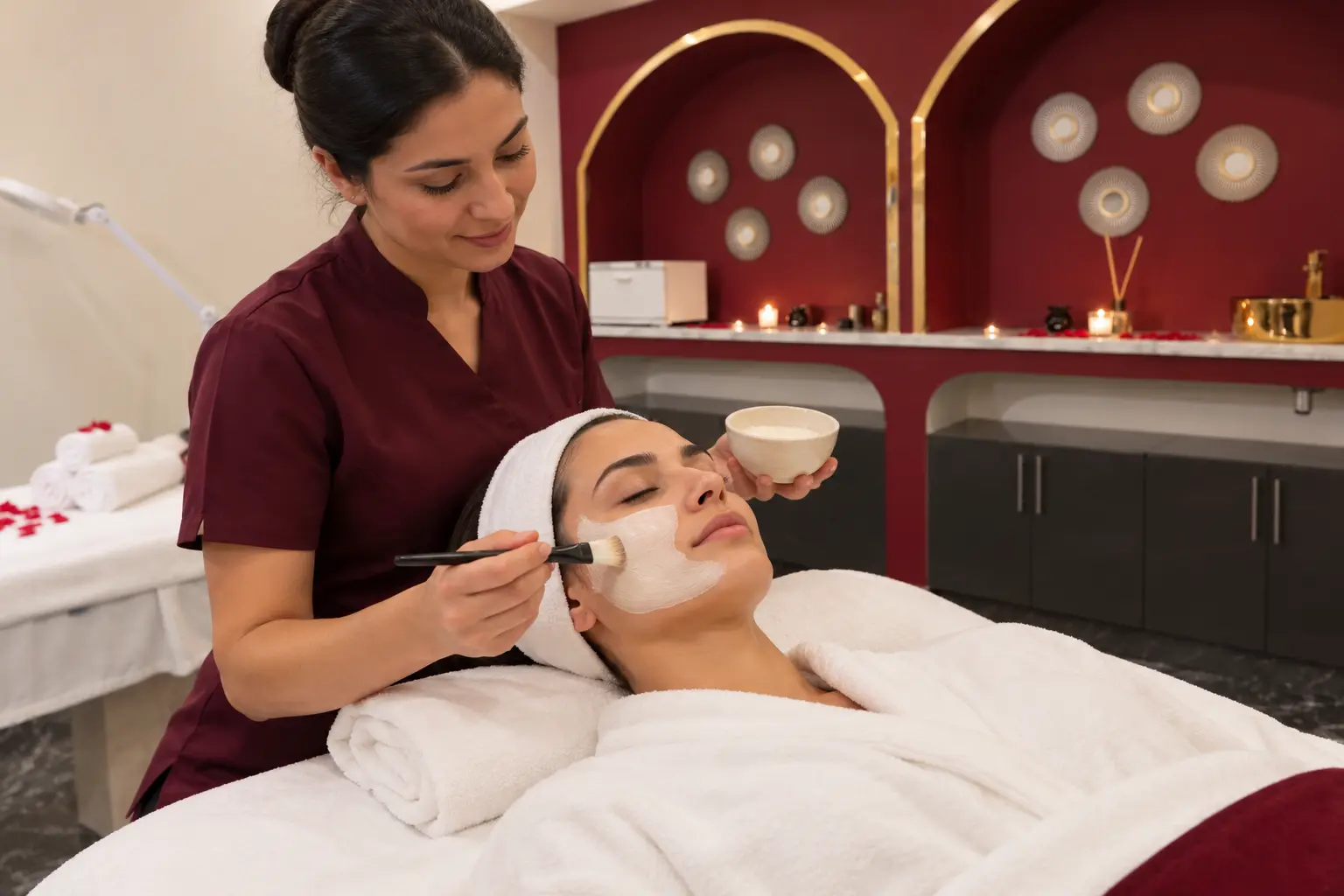 Application d’un soin du visage dans une cabine Orélia