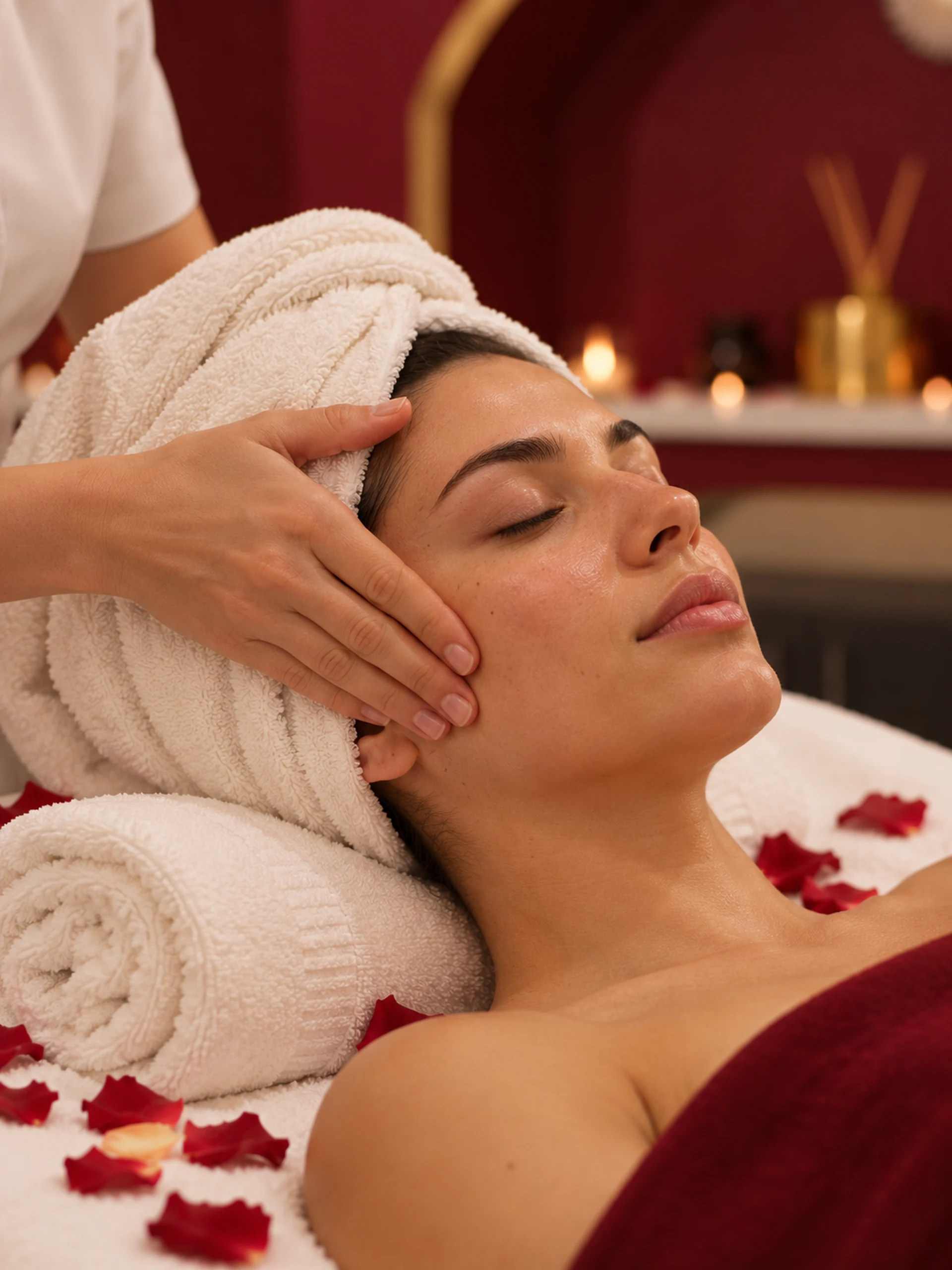 A gentle facial treatment, closed eyes and ivory linen